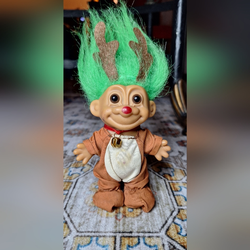 Vintage Russ Troll Doll with Green Hair and Brown Outfit Collectible